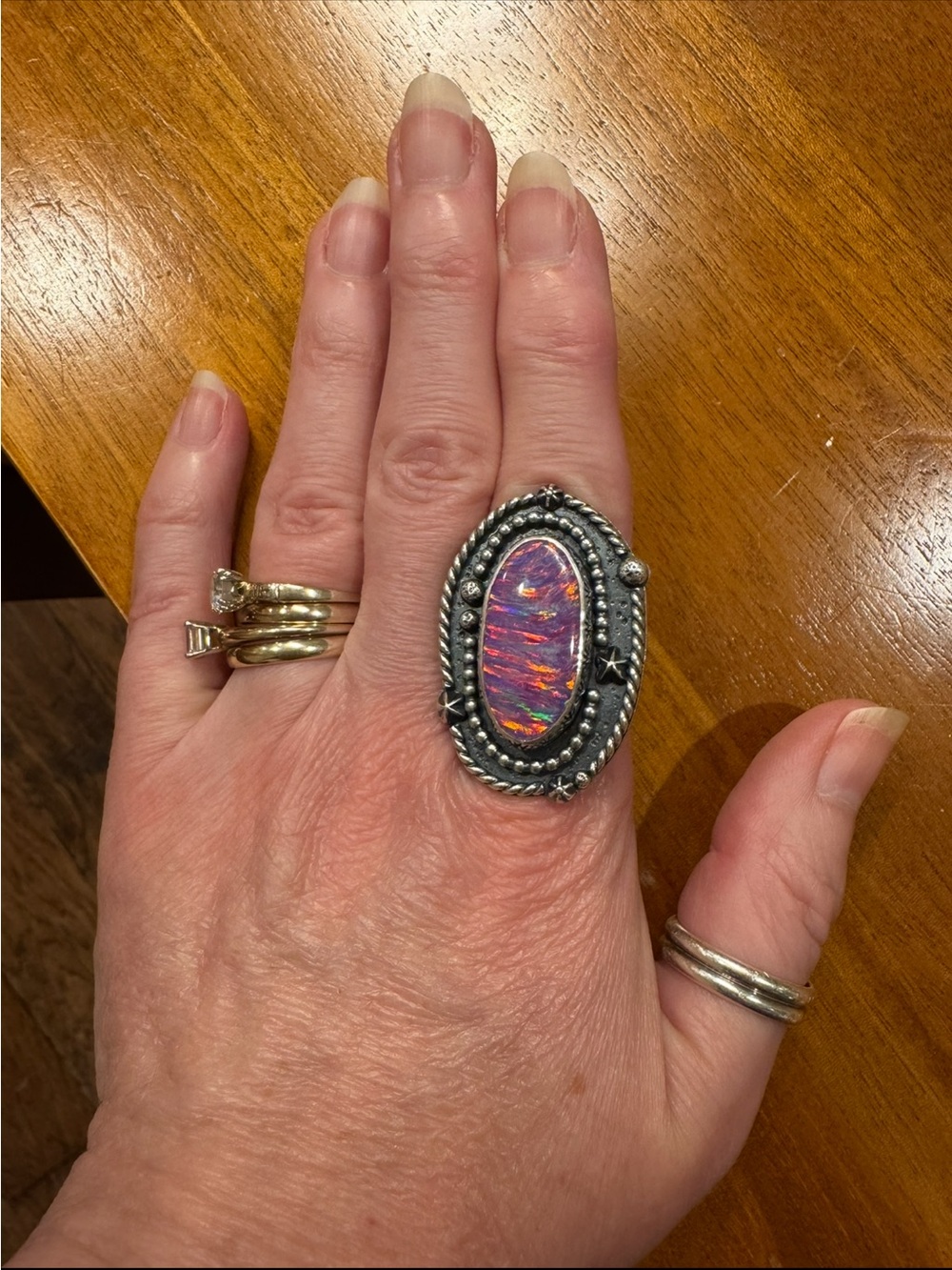 Blue and Blue Artisan Sterling Silver Pink Aura Opal Cosmos Star Statement Ring - Picture 15 of 16